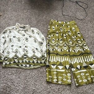Zara Coord White and Olive Geometric Print Set
